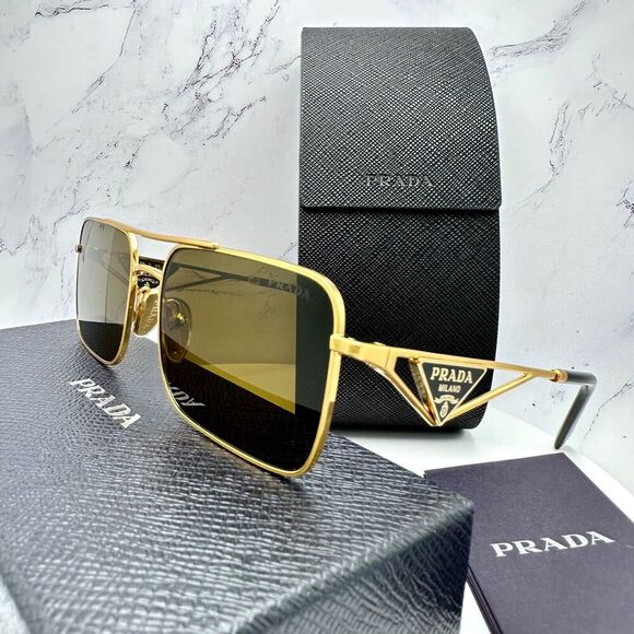 PRADA Sunglasses Gold Metal Square Triangle Black Logo Made in Italy Authentic - Picture 16 of 16